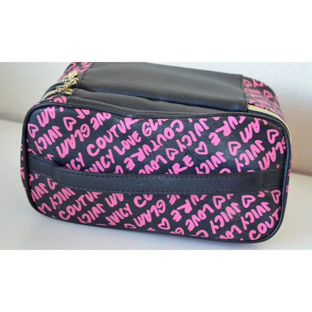 Juicy Couture Pink Black Cosmetic Makeup Bag Train Case 2 Zipper Compartments